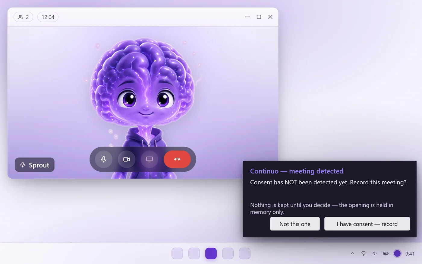 A desktop during a video call: Continuo's consent prompt sits above the clock and asks before anything is recorded.